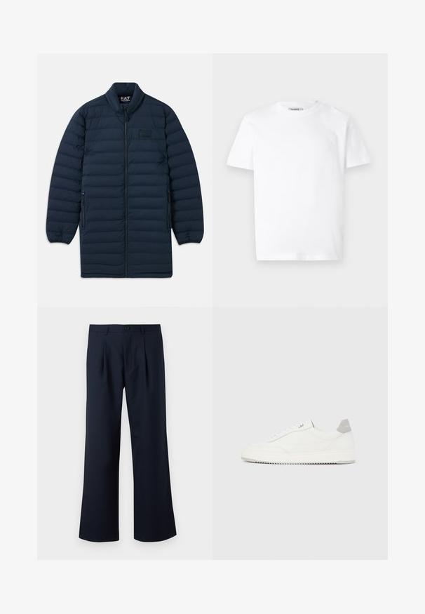 Námornícka modrá dlhá pérová bunda s predným zipsom, stojatým golierom, zipsovými bočnými vreckami a nenápadným logom EA7 Emporio Armani na hrudi.; Biely bavlnený tričko s okrúhlym výstrihom a krátkymi rukávmi. Obsahuje malé reliéfne logo na ľavej hrudi. Hladká textúra.; Námornícky modré nohavice s prispôsobeným strihom, širokým strihom, prednými záhybmi a jedným gombíkom na zapínanie v páse. Hladká textúra látky.; Biela nízka teniska so sivým pätovým pásikom, bielymi šnúrkami a členitou podrážkou, zobrazená na jednoduchom svetlom pozadí.