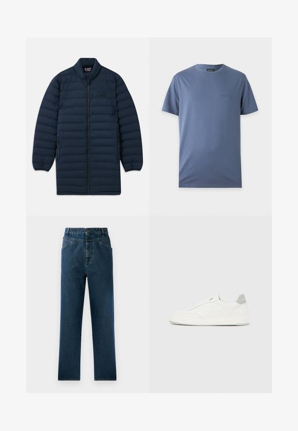 Námornícka modrá dlhá pérová bunda s predným zipsom, stojatým golierom, zipsovými bočnými vreckami a nenápadným logom EA7 Emporio Armani na hrudi.; Jednofarebné modré tričko s krátkym rukávom, okrúhlym výstrihom a malým nenápadným vyšitým logom na ľavej strane hrudníka.; Tmavomodré džíny so rovnými nohavicami a vysokým pásom, s prednými vreckami a gombíkovým zapínaním. Textúrovaná tkanina s jemným vyblednutím.; Biela nízka teniska so sivým pätovým pásikom, bielymi šnúrkami a členitou podrážkou, zobrazená na jednoduchom svetlom pozadí.
