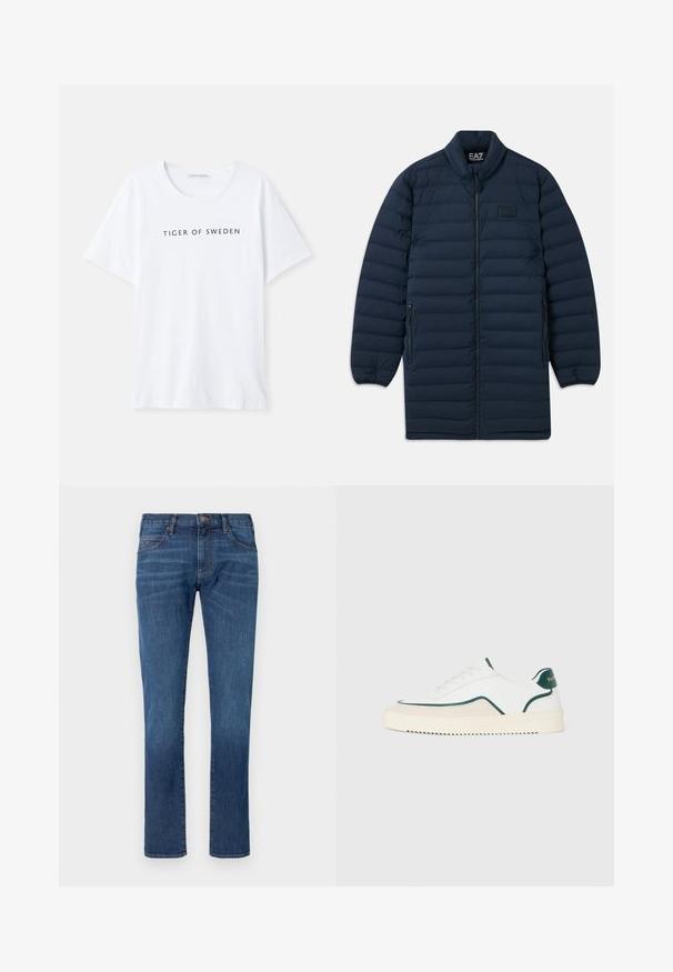 Marineblauwe lange pufferjas met een rits aan de voorkant, opstaande kraag, ritszakken aan de zijkanten en een subtiel EA7 Emporio Armani-logo op de borst.; Witte T-shirt met een ronde hals en korte mouwen. Zwart tekst met "TIGER OF SWEDEN" gecentreerd op de voorkant. Soepele stofstructuur.; Blauwe spijkerbroek met rechtvallende pijpen, voorzien van een klassiek ontwerp met vijf zakken en een knoopsluiting. Subtiele vervaging over de stoftextuur.; Witte lage sneakers met groene accenten, beige suede details en een crème-kleurige zool met een geribbelde onderkant.