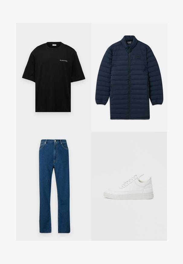 Marineblå lang pufferjakke med frontlynlås, ståkrave, lynlåsede sidelommer og subtilt EA7 Emporio Armani-logo på brystet.; Sort bomulds t-shirt med en afslappet pasform, korte ærmer og et hvidt "FILLING PIECES" logo på venstre bryst. Glat tekstur.; Blå denimjeans med høj talje, lige ben, fem lomme-design og kontrasterende orange syninger. Glat tekstur.; Hvid lædersneaker med rundet tå, flad sål og snørebånd foran. Har syningsdetaljer og polstret krave for komfort.
