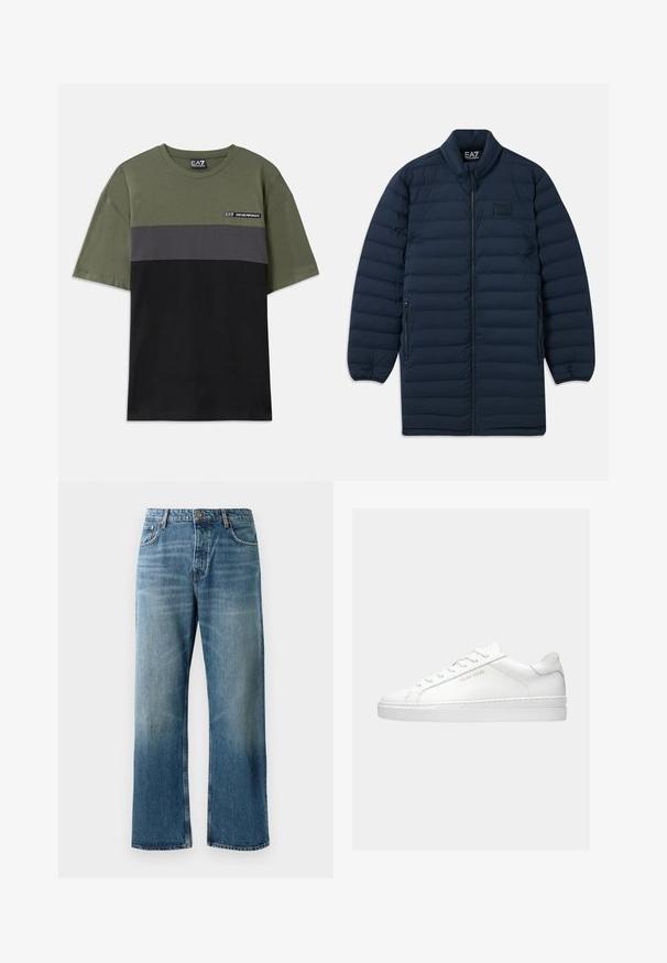 Navyblauer langer Pufferjacke mit Frontreißverschluss, Stehkragen, seitlichen Reißverschluss-Taschen und dezentem EA7 Emporio Armani Logo auf der Brust.; Grüner T-Shirt mit kurzen Ärmeln, das graue und schwarze horizontale Streifen aufweist, einen Rundhalsausschnitt hat und ein kleines EA7-Logo auf der oberen linken Brust trägt.; Helle blaue, weit geschnittene Jeans mit einer verblassten Waschung, ausgestattet mit einem Ein-Knopf-Verschluss, fünf Taschen und kontrastierenden Nähten.; Weißer Sneaker mit niedrigem Schaft und Schnürsenkeln, minimalistischem Design und der "Filling Pieces"-Marke in Gold an der Seite vor schlichtem Hintergrund.