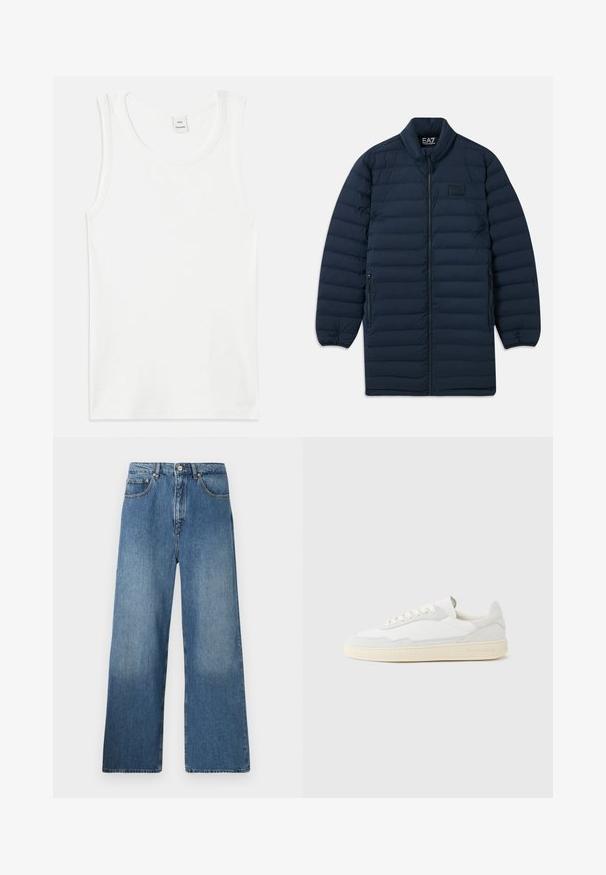 Doudoune longue bleu marine avec fermeture éclair à l'avant, col montant, poches latérales zippées et logo discret EA7 Emporio Armani sur la poitrine.; Débardeur en coton blanc avec un col rond et sans manches. Texture lisse et coupe droite, sans motifs ni embellissements.; Jean en denim bleu à jambes évasées avec un design classique à cinq poches, fermeture à bouton à l'avant et légères décolorations pour ajouter de la texture.; Baskets blanches avec dessus en daim et cuir texturé. Caractérisées par un bout arrondi, une fermeture à lacets et une semelle en caoutchouc beige contrastante.