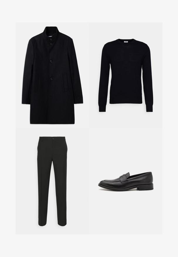 Manteau en laine noir avec un col haut, présentant six boutons à l'avant, deux poches latérales et une coupe droite. Texture lisse.; Pull noir à manches longues en tricot doux. Encolure ronde, poignets et ourlet côtelés. Design minimaliste sans motifs ni boutons visibles.; Pantalons noirs ajustés à coupe droite, dotés d'une fermeture à un bouton et de passants de ceinture. Tissu lisse, mat et sans motifs.; Mocassin en cuir noir avec une finition lisse, une sangle décorative sur le dessus, un bout rond et un petit talon empilé.