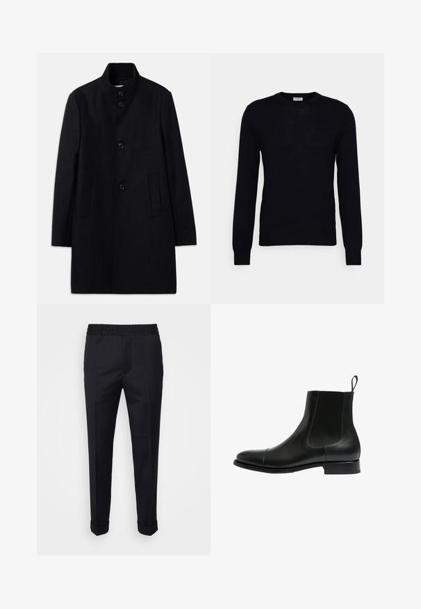 Sort uldfrakke med høj krave, der har seks frontknapper, to sidelommer og en lige skæring. Glat tekstur.; Sort langærmet sweater lavet af blødt strikket materiale. Rund halsudskæring, ribbede manchetter og kant. Minimalistisk design uden synlige mønstre eller knapper.; Sorte bukser lavet af letvægtsstof, med elastisk talje, sidelommer og oprevne kant. Glat tekstur med frontvendinger.; Sort læder ankelstøvle med elastiske sidepaneler, rund tå og en lav, stablet hæl. Har en grebsløkke for nem påtagning.