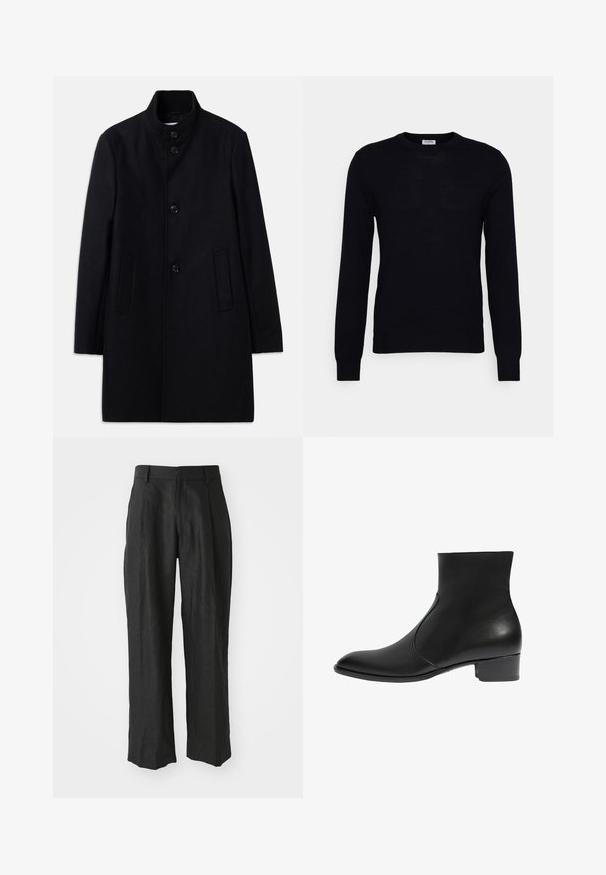 Manteau en laine noir avec un col haut, présentant six boutons à l'avant, deux poches latérales et une coupe droite. Texture lisse.; Pull noir à manches longues en tricot doux. Encolure ronde, poignets et ourlet côtelés. Design minimaliste sans motifs ni boutons visibles.; Pantalons en lin noir avec une coupe droite, ornés de plis distinctifs à l'avant et d'une finition lisse et texturée.; Bottine en cuir noir avec un design élégant, bout pointu et un petit talon carré. Présente un panneau latéral sans couture pour un aspect épuré.