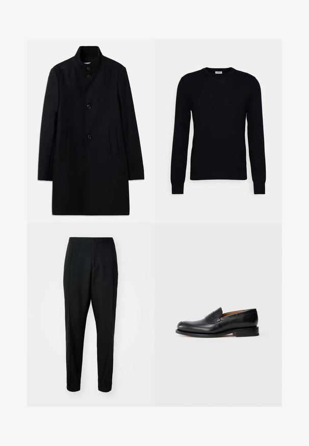 Manteau en laine noir avec un col haut, présentant six boutons à l'avant, deux poches latérales et une coupe droite. Texture lisse.; Pull noir à manches longues en tricot doux. Encolure ronde, poignets et ourlet côtelés. Design minimaliste sans motifs ni boutons visibles.; Pantalons noirs fuselés en tissu lisse, avec taille élastique et poignets. Présente des plis à l'avant pour un aspect ajusté.; Mocassin en cuir noir avec une finition lisse, bout arrondi et un petit rabat à l'avant. Caractérisé par un petit talon noir uni et des accents de design minimaux.