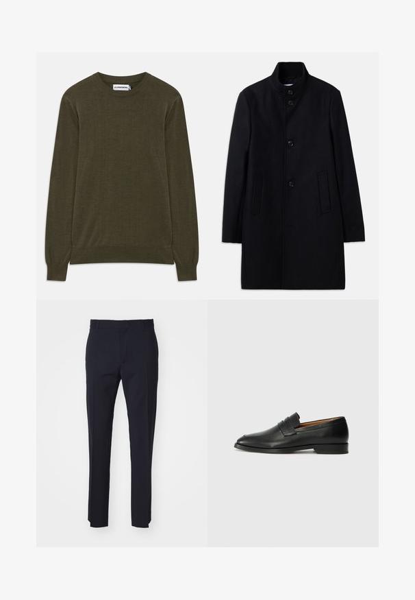 Zwart wollen overjas met een hoge kraag, voorzien van zes knopen aan de voorkant, twee zijzakken en een recht gesneden ontwerp. Glad textuur.; Donkergroene sweater met lange mouwen en geribbelde manchetten en onderkant. Gemaakt van zacht materiaal, met een klassieke ronde hals en een minimalistisch ontwerp.; Navy gepersonaliseerde broek gemaakt van geweven stof, met een platte voorkant, riemlussen en rechte pijpen. Geen zichtbare patronen of hardware.; Zwarte leren instapper met een ronde neus, subtiele stikdetails en een lage hak, met een gladde textuur en een minimalistisch ontwerp.