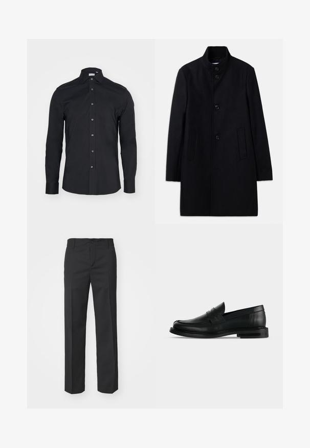 Schwarzer Wollübermantel mit hohem Kragen, ausgestattet mit sechs vorderen Knöpfen, zwei seitlichen Taschen und einem geraden Schnitt. Glatte Textur.; Schwarze Langarm-Button-Up-Bluse mit klassischem Kragen. Hergestellt aus glattem Stoff, verfügt über Vorderknöpfe und abgerundete Manschetten.; Filippa K TROY TROUSERS - Stoffhose - black; Schwarzer Leder-Pennyloafer für Herren mit niedrigem, gestapeltem Absatz und abgerundetem Zehenbereich, von der Seite auf hellgrauem Hintergrund gezeigt.