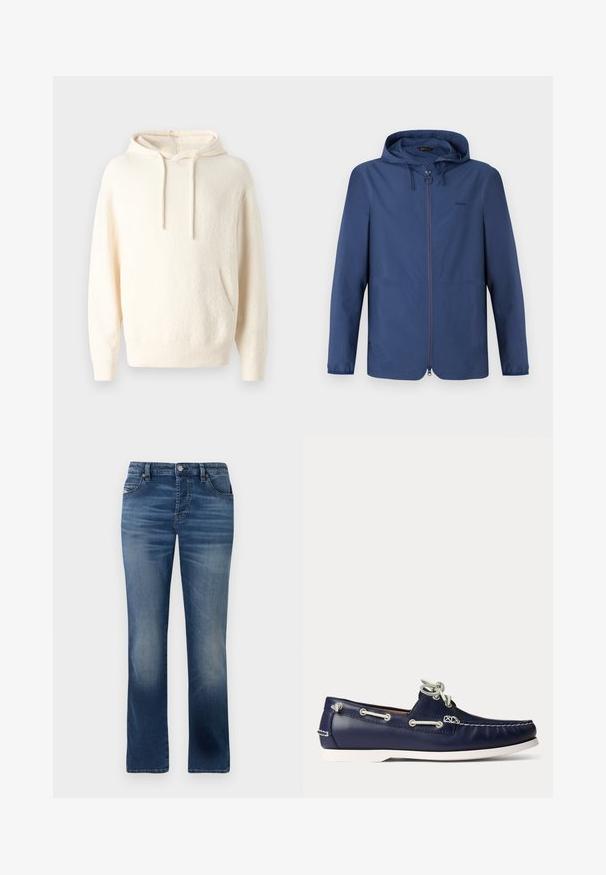 Marineblauwe lichtgewicht jas met een capuchon, volledige rits en elastische manchetten. Beschikt over een minimalistisch ontwerp en een subtiele logo op de borst.; Crème-kleurige hoodie gemaakt van zacht materiaal, met een kangoeroezak, ribgebreide mouwen en een textuurafwerking.; Donkerblauwe denim jeans met een rechte pijp, voorzien van zijzakken, subtiele vervaging en een klassieke knoopsluiting bij de taille.; Marineblauwe leren boot schoen met witte veters en stiksels, voorzien van een witte rubberen zool en metalen veteroogjes op een lichte achtergrond.