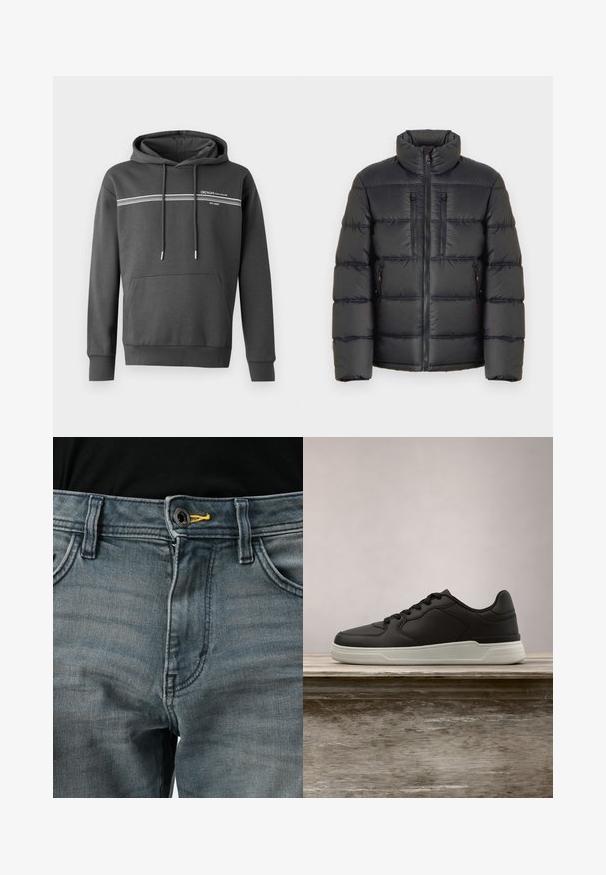 TOM TAILOR SPORTY PUFFER - Chaqueta de invierno - black; Sudadera gris oscuro hecha de tela suave, con rayas horizontales blancas, un bolsillo tipo canguro y capucha ajustable con cordón.; Jeans de mezclilla azul desgastados con cierre de botón, acento amarillo en la cintura y diseño clásico de cinco bolsillos. La textura parece suave y usada.; Zapatilla negra con suela blanca suspendida sobre un banco de madera, con follaje verde en el fondo desenfocado.