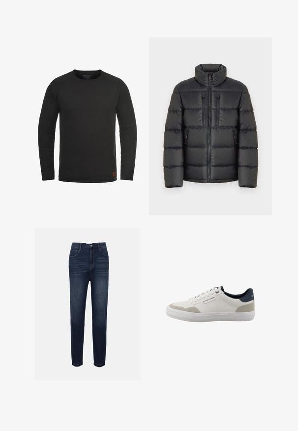 TOM TAILOR SPORTY PUFFER - Zimná bunda - black; Čierna dlhá mikina s okrúhlym výstrihom vyrobená z textúrovanej látky s malou hnedou značkovou nášivkou na dolnom pravom boku.; Tmavomodré denimové džínsy so strihom rovného nohavice, s prednými vreckami a jemnými horizontálnymi švami. Klasický dizajn so siedmimi vreckami.; Biela nízka teniska s béžovými akcentmi, námornícko modrým golierom na päte, bielymi šnúrkami a gumovou podrážkou, s logom Tom Tailor na boku a zadnej časti.