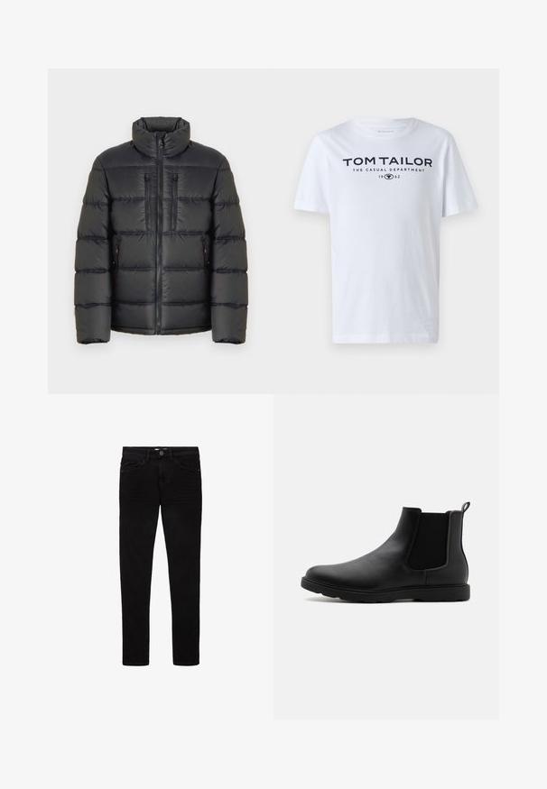 TOM TAILOR SPORTY PUFFER - Talvejope - black; Valge puuvillane T-särk, millel on ümardatud kaelus, lühikesed varrukad ja tumesinine tekst "TOM TAILOR THE CASUAL DEPARTMENT 1962."; Mustad denim, mille jalgadega ja slim fit disainiga mustad teksapüksid, viie taskuga ja nööp sulgumisega. Ühtlane tekstuur ja minimalismi kohaselt vähe õmblemise detaile.; Must musta Chelsea saapad, millel on elastsed külg-paneelid, tõmbe-silmus ja vastupidav kummitald. Sile tekstuur ja voolujooneline disain.