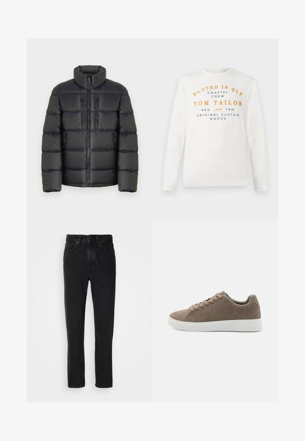 TOM TAILOR SPORTY PUFFER - Talvejope - black; Valge pika varrukaga särk, mille ees on oranž ja must tekst "Rooted in QLY Coastal Crew Tom Tailor Reg 1962 TRM Original Custom Goods".; Mustmustest denim püksid sirge jala lõikega, varustatud nööbi ja luku sulgemisega, ees olevate taskute ning peene tekstuuriga.; Pruunid sametist tossud lame valge kummist tallaga, nöörimise disainiga, ümar nina ja siledat tekstuuri. Minimalistlik stiil koos diskreetsete õmblusdetailidega.