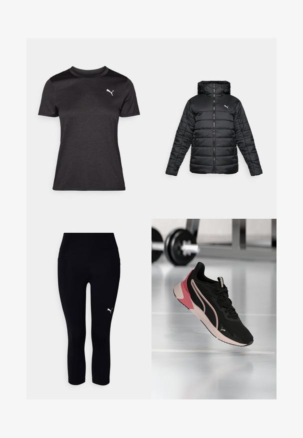 Chaqueta acolchada negra con capucha, cremallera frontal y costuras a tono. Logo blanco en la parte superior izquierda del pecho. Tejido suave y brillante.; Camiseta deportiva negra de manga corta, con escote redondo y un logo blanco en el pecho. Textura suave y forma ajustada.; Leggings capri negros hechos de tela elástica, con una cinturilla alta y un pequeño logo blanco en el lado izquierdo. Textura suave.; Zapatilla de correr Puma negra y rosa suspendida sobre un suelo de gimnasio reflectante, con mancuernas desenfocadas en el fondo.