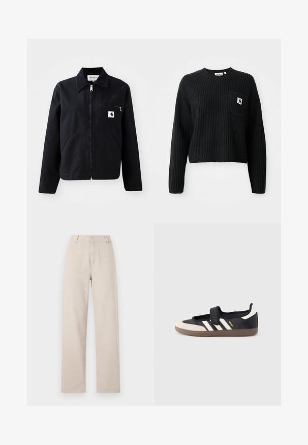 Veste en toile noire avec fermeture éclair à l'avant, col, deux poches latérales et une poche poitrine. Présente un petit logo carré blanc sur la poche.; Pull en maille côtelée noir avec un col rond, des manches longues et une poche avant arborant un petit patch logo. Longueur cropped.; Pantalons beige à jambes larges en coton, dotés d'une fermeture à bouton à l'avant, de passants de ceinture et d'une coupe classique avec des lignes épurées.; Baskets noires et beiges avec une bride en velcro, trois bandes blanches sur le côté, et une semelle en caoutchouc marron texturée. Logo de la marque visible.