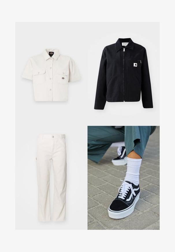 Zwarte canvasjas met een rits aan de voorkant, kraag, twee zijzakken en een borstzak. Heeft een klein wit vierkant logo op de zak.; Korte mouwen, cropped wit shirt van katoen met twee borstzakken, knoopsluiting aan de voorkant en een logo patch op de linker zak.; Witte katoenen cargo broek met een recht gesneden ontwerp, voorzien van zijzakken en een knoopsluiting bij de taille. Glad textuur.; Zwarte suède sneaker met witte accenten en veters, uitgerust met een dikke witte zool en contrasterende stiksels, gecombineerd met een witte sok.