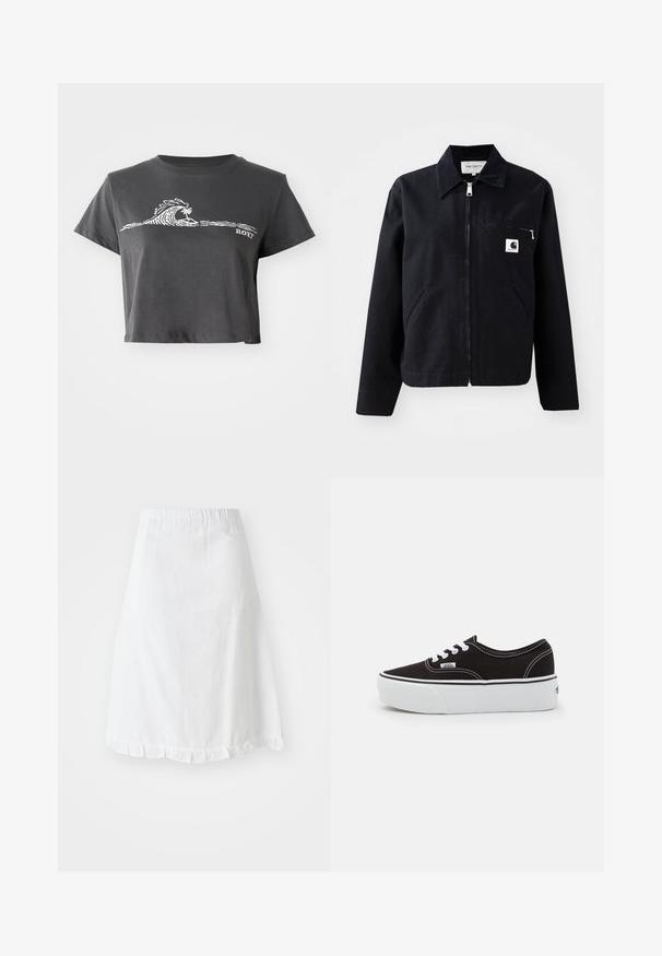 Sort canvasjakke med lynlås foran, krave, to sidelommer og en brystlomme. Har et lille hvidt firkantet logo på lommen.; Mørkegrå cropped T-shirt med hvid stiliseret bølge, palmetræ grafik og "ROXY" tekst på forsiden.; Hvid nederdel med elastisk talje, der har et tekstureret mønster og en flæset snit i bunden. Enkel A-formet design.; Sort lærred sneakers med en hvid gummi platform sål, der har hvide snørebånd og syninger, ikonisk branding på siden, lav-top design.