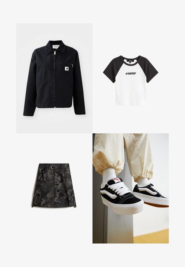 Sort canvasjakke med lynlås foran, krave, to sidelommer og en brystlomme. Har et lille hvidt firkantet logo på lommen.; Hvid T-shirt med sorte raglanærmer og et sort Vans-logo trykt på fronten. Den har en rund halsudskæring og et kort design.; Kamuflage nederdel i mørkegrå og sort, med en frontlynlås, bælte med sølvspænde og to cargo-lommer med ringe.; Person iført sorte og hvide Vans sneakers med hvide snørebånd, hvide sokker og beige bukser med elastiske manchetter.