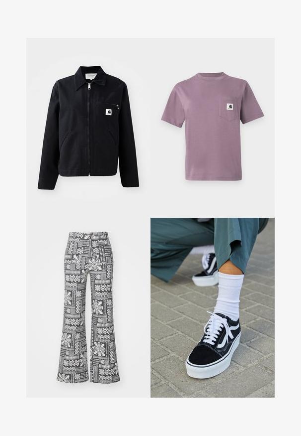 Veste en toile noire avec fermeture éclair à l'avant, col, deux poches latérales et une poche poitrine. Présente un petit logo carré blanc sur la poche.; T-shirt en coton lilas avec col rond, manches courtes et une poche poitrine gauche avec un label logo. Tissu lisse, coupe décontractée.; Pantalons évasés noir et blanc avec un motif floral géométrique. Fabriqués dans un tissu léger avec une texture douce.; Baskets en suède noir avec des accents et des lacets blancs, présentant une épaisse semelle blanche et des coutures contrastantes, associées à une chaussette blanche.
