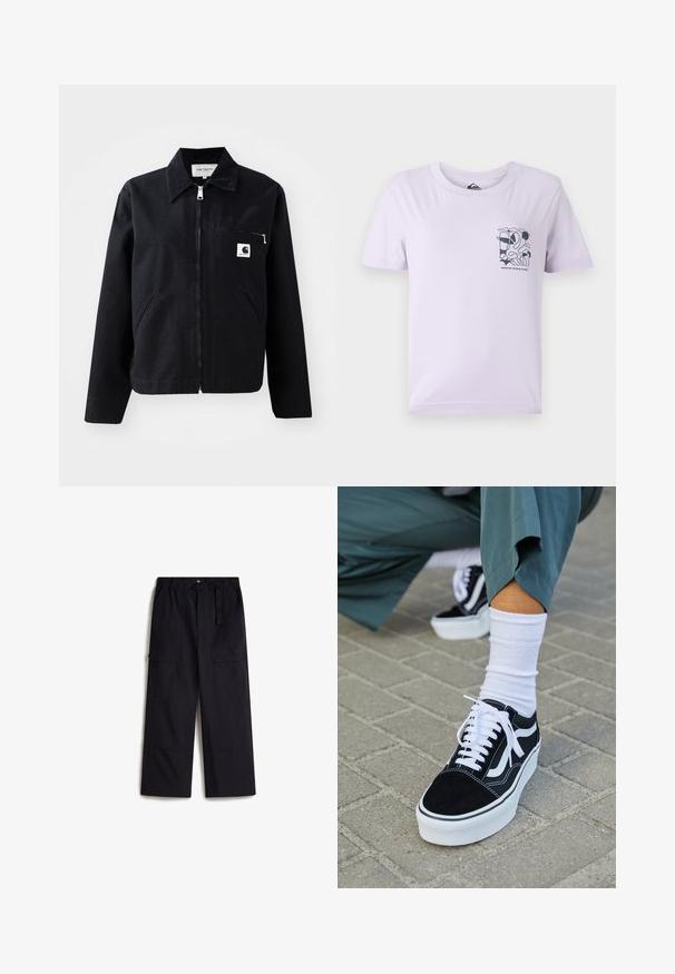 Chaqueta de lona negra con cierre de cremallera en la parte delantera, cuello, dos bolsillos laterales y un bolsillo en el pecho. Presenta un pequeño logo cuadrado blanco en el bolsillo.; Camiseta de manga corta de color púrpura claro, hecha de algodón, con un diseño abstracto negro y texto en la parte izquierda del pecho.; Pantalones cargo negros con una cintura elástica, cinturón ajustable y dos bolsillos laterales. Hechos de una tela ligera y texturizada.; Zapatillas de ante negro con acentos y cordones blancos, que cuentan con una gruesa suela blanca y costuras en contraste, combinadas con un calcetín blanco.