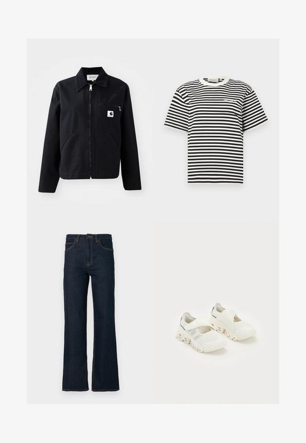Schwarze Canvasjacke mit Reißverschluss, Kragen, zwei Seitentaschen und einer Brusttasche. Verfügt über ein kleines weißes quadratisches Logo auf der Tasche.; Schwarz-weiß gestreiftes T-Shirt mit kurzen Ärmeln, weißem Rundhalsausschnitt und kleinem Logo auf der Brust.; Dunkelblaue, gerade geschnittene Denim-Jeans mit Fronttaschen, Gürtelschlaufen und einem Knopfverschluss am Bund vor einem weißen Hintergrund.; Weiße Mesh-Sportschuhe mit einem Riemenverschluss, gepolstertem Knöchelbereich und einem markanten, geschwungenen Sohlen-Design mit ausgehöhlten Abschnitten.