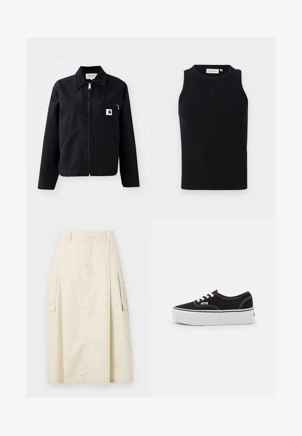 Schwarze Canvasjacke mit Reißverschluss, Kragen, zwei Seitentaschen und einer Brusttasche. Verfügt über ein kleines weißes quadratisches Logo auf der Tasche.; Schwarzes, ärmelloses Tanktop aus geripptem Stoff, mit rundem Halsausschnitt und kleinem Logo auf der Vorderseite. Einfaches, figurschmeichelndes Design.; Beige, knielanger Rock aus Baumwolle. Verfügt über zwei seitliche Cargo-Taschen und eine vordere Falte, mit einem Bund und einem versteckten Reißverschluss.; Schwarze Leinensneaker mit einer weißen Gummiplattformsohle, weißen Schnürsenkeln und Nähten, ikonischer Markenaufdruck an der Seite, im Low-Top-Design.