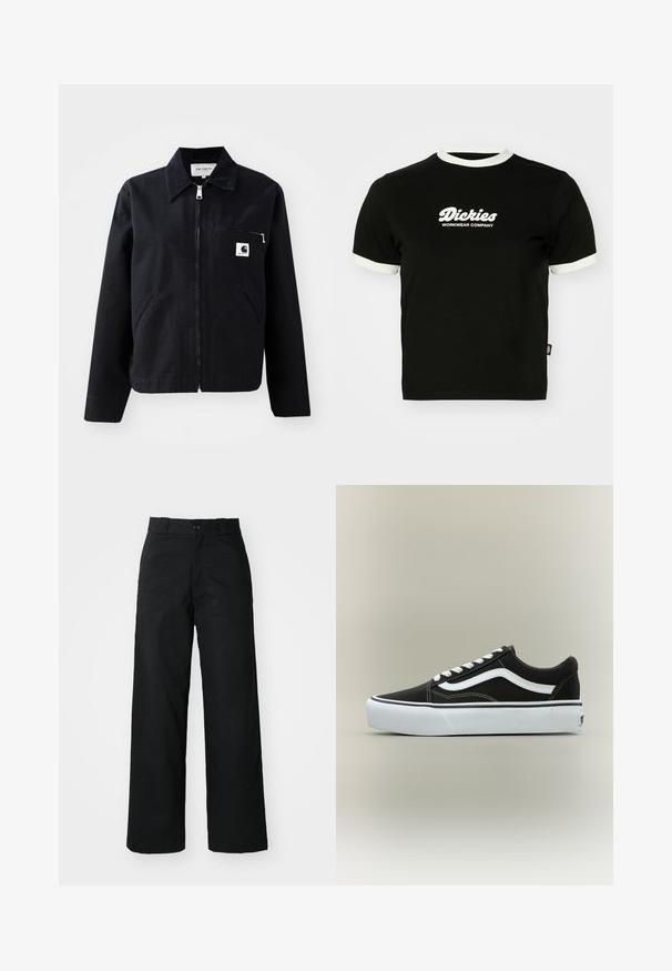 Sort canvasjakke med lynlås foran, krave, to sidelommer og en brystlomme. Har et lille hvidt firkantet logo på lommen.; Sort bomulds t-shirt med hvid ribbet halsudskæring og ærmekanter. Har hvidt logo-tekst på forsiden: "Dickies Workwear Company." Korte ærmer.; Sorte vide bukser med flad front, knaplukning og bæltestropper. Fremstillet af holdbart stof med en glat tekstur.; Lavtop sort sneaker med hvid side stribe, hvide snørebånd, hvid gummisål og tekstureret tåhætte på neutral baggrund.