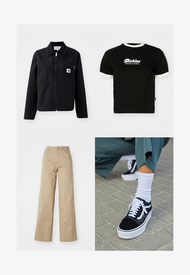 Schwarze Canvasjacke mit Reißverschluss, Kragen, zwei Seitentaschen und einer Brusttasche. Verfügt über ein kleines weißes quadratisches Logo auf der Tasche.; Schwarzes Baumwoll-T-Shirt mit weißem geripptem Kragen und Ärmelsäumen. Mit vorderem weißen Logotext: "Dickies Workwear Company." Kurzärmlig.; Beige weitgeschnittene Hose aus Baumwolle, mit Knopfverschluss und Gürtelschlaufen, glatt im Griff und sauber verarbeitet.; Schwarze Wildledersneaker mit weißen Akzenten und Schnürsenkeln, ausgestattet mit einer dicken weißen Sohle und kontrastierenden Nähten, kombiniert mit einer weißen Socke.