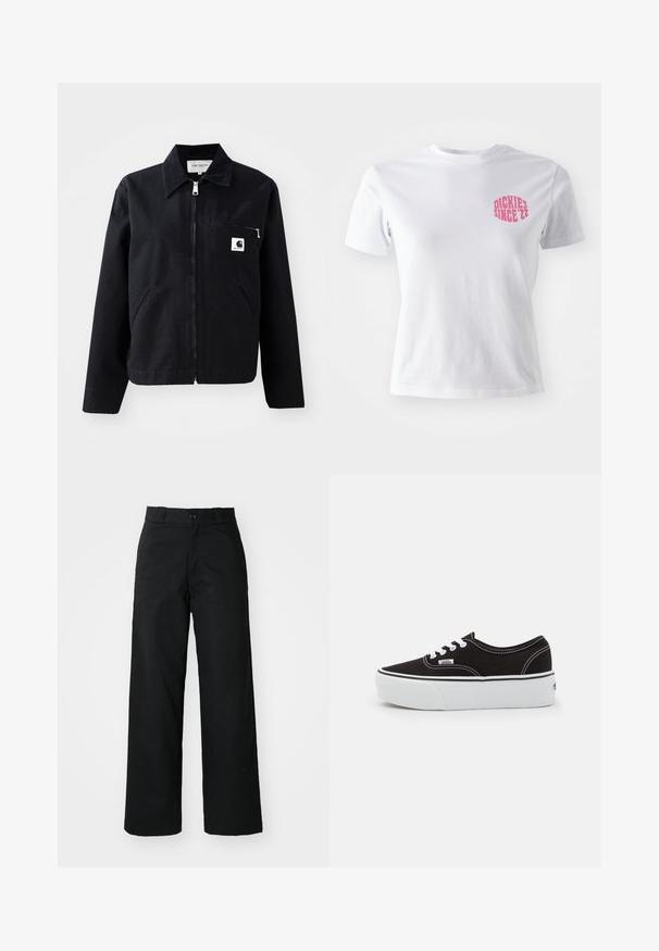 Schwarze Canvasjacke mit Reißverschluss, Kragen, zwei Seitentaschen und einer Brusttasche. Verfügt über ein kleines weißes quadratisches Logo auf der Tasche.; Weißes Baumwoll-T-Shirt mit kurzen Ärmeln, versehen mit einem pinken Grafikdesign auf der linken Brust, das "DICKIES SINCE '22" zeigt. Klassisches Rundhals-Design.; Schwarze weit geschnittene Hose mit flachem Vorderteil, Knopfverschluss und Gürtelschlaufen. Hergestellt aus strapazierfähigem Stoff mit glatter Textur.; Schwarze Leinensneaker mit einer weißen Gummiplattformsohle, weißen Schnürsenkeln und Nähten, ikonischer Markenaufdruck an der Seite, im Low-Top-Design.