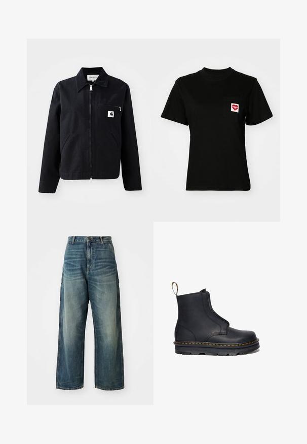 Zwarte canvasjas met een rits aan de voorkant, kraag, twee zijzakken en een borstzak. Heeft een klein wit vierkant logo op de zak.; Zwarte katoenen t-shirt met een ronde hals en korte mouwen. Heeft een borstzak met een rood hartlogo en witte tekst.; Wijd uitgesneden denim jeans in een vervaagde blauwe wassing. Bevat een knoopsluiting, vijf zakken en zichtbare stiksels. Materiaal heeft een zachte textuur.; Zwarte leren enkelboot met elastische zijpanelen, ronde neus, contrasterende gele stiksels en een robuuste rubberen zool.