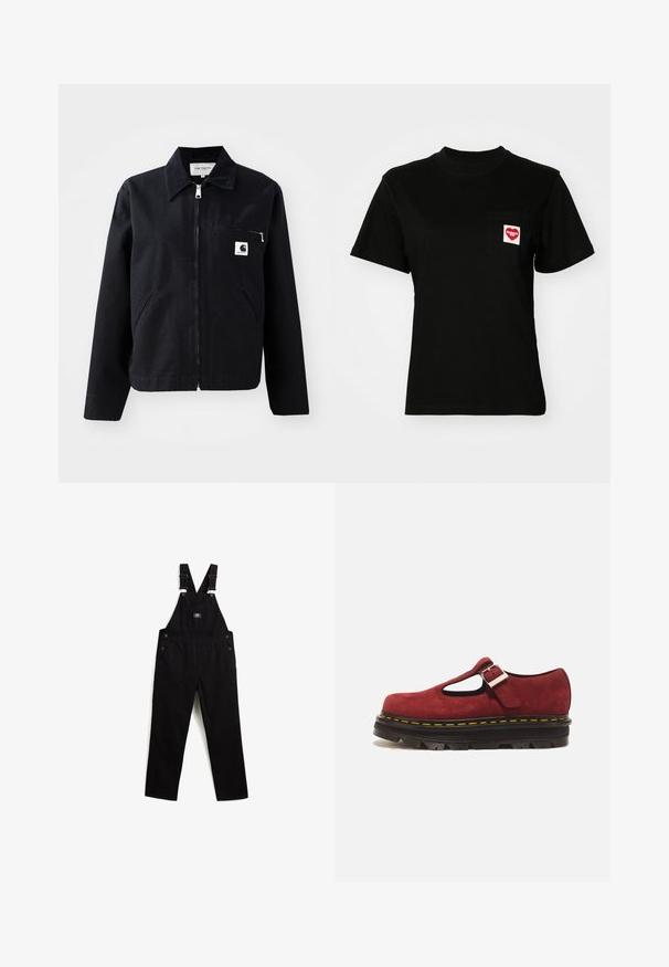 Veste en toile noire avec fermeture éclair à l'avant, col, deux poches latérales et une poche poitrine. Présente un petit logo carré blanc sur la poche.; T-shirt en coton noir avec un col rond et des manches courtes. Présente une poche frontale avec un logo de cœur rouge et du texte en blanc.; Salopette en denim noir avec bretelles réglables, quincaillerie métallique, poche avant et poches latérales. Texture lisse et design à jambe droite.; Chaussure Mary Jane en daim rouge avec semelle noire épaisse, coutures jaunes et bride à boucle argentée sur fond blanc.