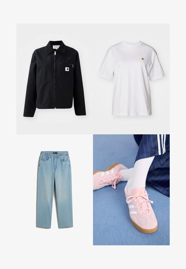 Zwarte canvasjas met een rits aan de voorkant, kraag, twee zijzakken en een borstzak. Heeft een klein wit vierkant logo op de zak.; Witte katoenen t-shirt met een relaxte pasvorm, korte mouwen en een klein geborduurd logo op de linkerborst.; Vans CINCHED CHECK - Baggy jeans - light stonewash; Lichtroze suède sneakers met witte strepen en veters, voorzien van een gestructureerde tong en een gumzool, geplaatst op een blauwe tapijt.