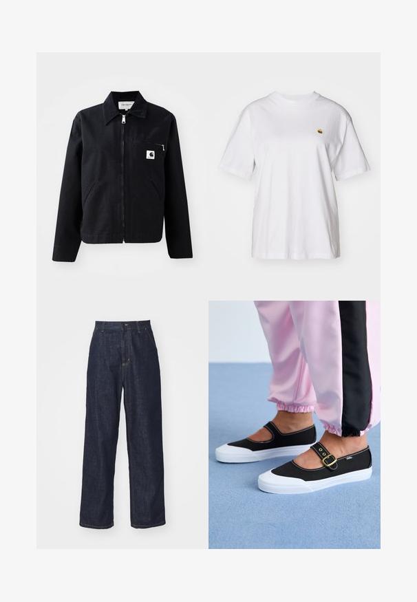 Veste en toile noire avec fermeture éclair à l'avant, col, deux poches latérales et une poche poitrine. Présente un petit logo carré blanc sur la poche.; T-shirt en coton blanc avec une coupe décontractée, des manches courtes et un petit logo brodé sur la poitrine gauche.; Jeans en denim droit bleu foncé avec passants de ceinture, bouton avant et poches latérales sur fond blanc.; Baskets noires en toile avec une semelle blanche, présentant un design découpé et une sangle en boucle dorée. Portées avec un pantalon de survêtement rose.