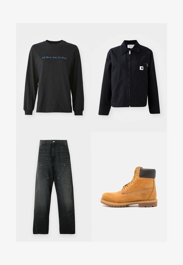 Veste en toile noire avec fermeture éclair à l'avant, col, deux poches latérales et une poche poitrine. Présente un petit logo carré blanc sur la poche.; T-shirt noir à manches longues en coton, avec le texte bleu "Tout Travail Et Pas De Jeu" dans une police décorative sur la poitrine.; Pantalon large en denim noir avec taille haute, fermeture à boutons, passants pour ceinture, grandes poches avant plaquées avec détails rivetés.; Bottine en cuir marron avec rembourrage noir, œillets dorés et semelle texturée. Présente un logo circulaire sur le côté et des accents de couture.