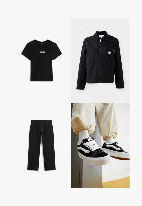 Zwarte canvasjas met een rits aan de voorkant, kraag, twee zijzakken en een borstzak. Heeft een klein wit vierkant logo op de zak.; Vans CAMERON - T-shirt basic - black; Zwarte broek met rechte pijpen met contrasterende witte stiknaden, voorste knoop en rits, riemlussen en zijzakken, plat gelegd op een witte achtergrond.; Persoon die zwart-witte Vans sneakers draagt met witte veters, witte sokken en beige broek met elastische manchetten.