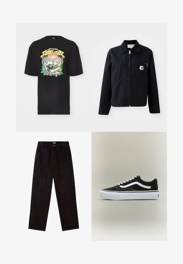 Veste en toile noire avec fermeture éclair à l'avant, col, deux poches latérales et une poche poitrine. Présente un petit logo carré blanc sur la poche.; T-shirt en coton noir avec un design graphique coloré représentant un coucher de soleil, des bambous et diverses plantes, y compris un symbole yin-yang et des champignons.; Pantalons en denim noir à jambe droite avec un design classique à cinq poches, présentant une fermeture à bouton et des détails de couture subtils.; Baskets basses noires avec bande blanche latérale, lacets blancs, semelle en caoutchouc blanche et bout texturé sur fond neutre.