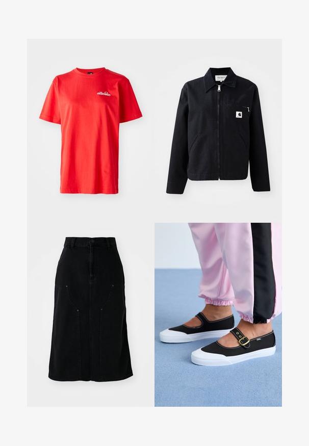 Veste en toile noire avec fermeture éclair à l'avant, col, deux poches latérales et une poche poitrine. Présente un petit logo carré blanc sur la poche.; T-shirt en coton rouge à manches courtes, col rond, avec un petit logo blanc sur la poitrine. Texture lisse avec une coupe classique.; Jupe en denim noir à coupe droite, avec poches avant et fermeture à bouton à la taille. Présente des coutures visibles et un tissu texturé.; Baskets noires en toile avec une semelle blanche, présentant un design découpé et une sangle en boucle dorée. Portées avec un pantalon de survêtement rose.