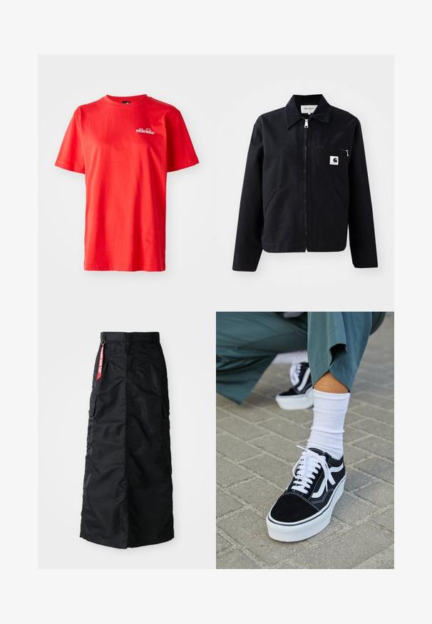 Veste en toile noire avec fermeture éclair à l'avant, col, deux poches latérales et une poche poitrine. Présente un petit logo carré blanc sur la poche.; T-shirt en coton rouge à manches courtes, col rond, avec un petit logo blanc sur la poitrine. Texture lisse avec une coupe classique.; Jupe longue noire avec bouton et fermeture éclair à l'avant, poches cargo latérales et une étiquette en tissu rouge "Remove Before Flight" sur la taille.; Baskets en suède noir avec des accents et des lacets blancs, présentant une épaisse semelle blanche et des coutures contrastantes, associées à une chaussette blanche.
