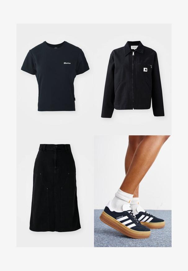 Schwarze Canvasjacke mit Reißverschluss, Kragen, zwei Seitentaschen und einer Brusttasche. Verfügt über ein kleines weißes quadratisches Logo auf der Tasche.; Schwarzes Baumwoll-T-Shirt mit kurzen Ärmeln, Rundhalsausschnitt und kleinem weißen gesticktem Logo auf der Brust. Klassisches, tailliertes Design.; Schwarzer Denim-Rock mit geradem Schnitt, vorderen Taschen und einem Knopfverschluss an der Taille. Verfügt über sichtbare Nähte und einen strukturierten Stoff.; Beine mit weißen Socken und schwarzen Adidas Gazelle Sneakers mit weißen Streifen und dicken braunen Sohlen auf einem grauen Teppichboden.