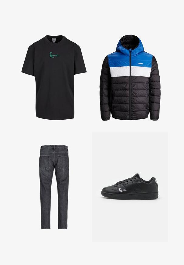 Polstret jakke med et farveblokeret design i blå, hvid og sort. Har hætte, lynlås foran og elastiske manchetter, lavet af skinnende materiale.; Sort bomulds T-shirt med korte ærmer og rund hals. Har grøn "Kanye" signatur grafik foran. Ensfarvet bagpå og afslappet pasform.; Bagfra visning af mørkegrå denimjeans med to baglommer, bæltestropper og lige bukseben.; Sorte sneakers lavet af syntetisk materiale, med et perforeret design, flade snørebånd, en gummisål og hvide signaturdetaljer.