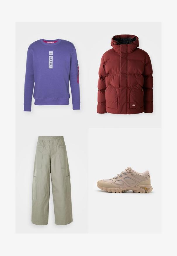 Chaqueta de invierno acolchada color burdeos con capucha, bolsillos frontales asegurados por botones y cierre frontal con cremallera, adornada con un pequeño parche de logo.; Sudadera morada con cuello redondo con el logo "ALPHA" en vertical en el pecho y bolsillo con cremallera con tira roja en la manga izquierda.; Pantalones cargo holgados de color verde oliva con una cinturilla elástica, múltiples bolsillos y una textura suave. Ancho colapsable en el dobladillo.; Zapatilla deportiva beige con una parte superior de malla texturizada, superposición sintética y suela Vibram. Presenta un sistema de cordones y detalles en el panel lateral.