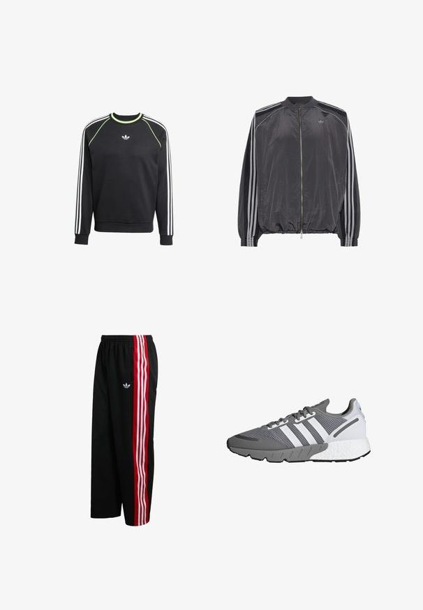 Must kerge lukuga jope, millel on käistel kolm valget triipu ja rinnal väike Adidas logo.; Must mustriga must ja valgete kolme triibu disainiga varrukatel ja laimiroheline aktsent. Omab ümmargust kaelust ja väikest logo rinnas.; Mustad võrgust püksid, millel on lai lõige, punase ja valge triibulised küljeplangud ning väike valge logo vasakul küljel. Elastne vöökoht.; Halli ja valge spordijalats, millel on võrgust pealispind, kolm valget triipu, pehmendatud talla ning tekstuuriga hall kummialus.
