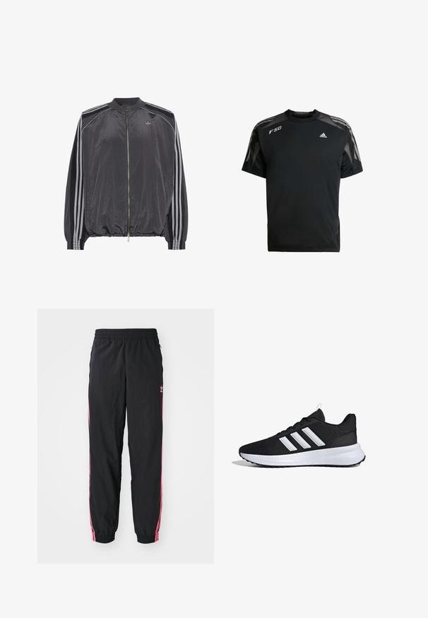 Chaqueta deportiva ligera negra con cremallera, tres rayas blancas en las mangas y pequeño logo de Adidas en el pecho.; Camiseta deportiva negra hecha de un tejido ligero, con paneles de malla en los hombros, mangas cortas y logotipos blancos de adidas y F50.; Pantalones tipo chándal negros con rayas laterales rosas, cinturilla elástica y puños ajustados. Presenta un acabado sutil en la parte izquierda de la pierna. Textura suave.; Zapatilla deportiva negra con suela blanca y tres rayas blancas en el lateral, vista desde el lado exterior.