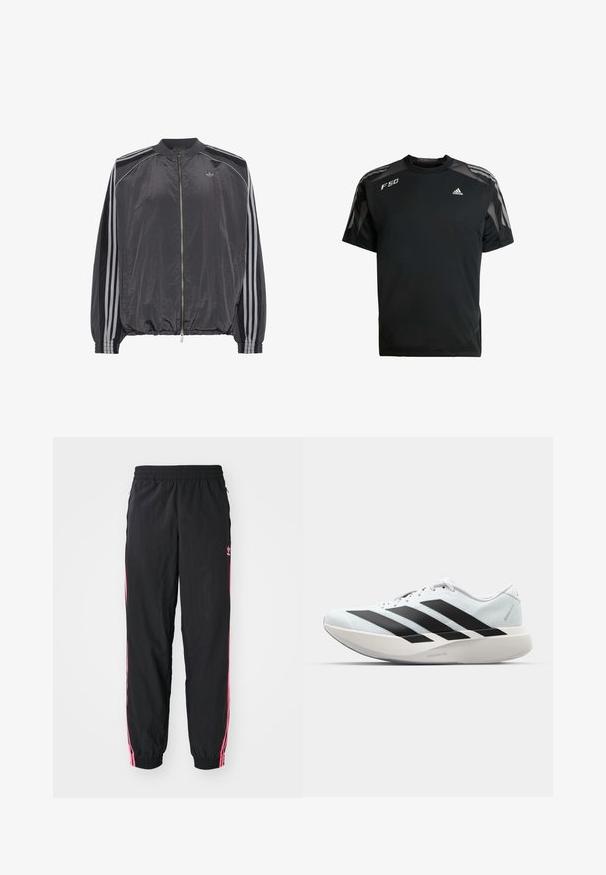Chaqueta deportiva ligera negra con cremallera, tres rayas blancas en las mangas y pequeño logo de Adidas en el pecho.; Camiseta deportiva negra hecha de un tejido ligero, con paneles de malla en los hombros, mangas cortas y logotipos blancos de adidas y F50.; Pantalones tipo chándal negros con rayas laterales rosas, cinturilla elástica y puños ajustados. Presenta un acabado sutil en la parte izquierda de la pierna. Textura suave.; Zapatilla de correr blanca con tres grandes rayas negras en el lateral y una suela curva y gruesa etiquetada como Lightstrike Pro.