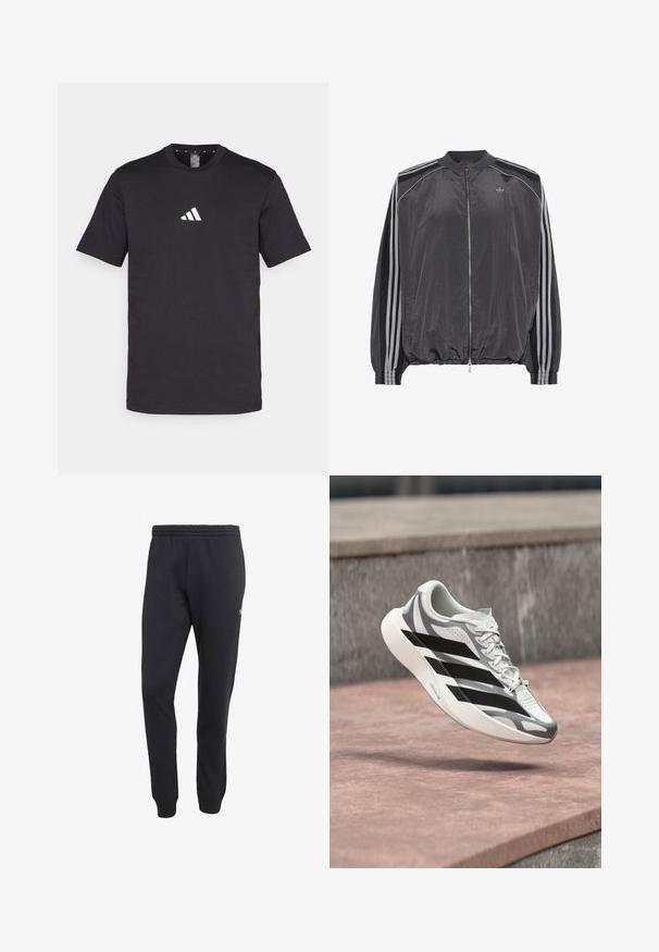 Sort letvægts zip-up træningstrøje med tre hvide striber langs ærmerne og lille Adidas-logo på brystet.; Sort bomulds t-shirt med korte ærmer, der har et hvidt Adidas-logo på brystet. Klassisk rund hals design.; Sorte tapered sweatpants med elastisk linning og ribstrikkede manchetter, med en lille hvid logo på det øverste venstre lår.; Hvid og grå løbesko med sorte striber, svævende over en lyserødlig betonoverflade nær en grå stenmur.