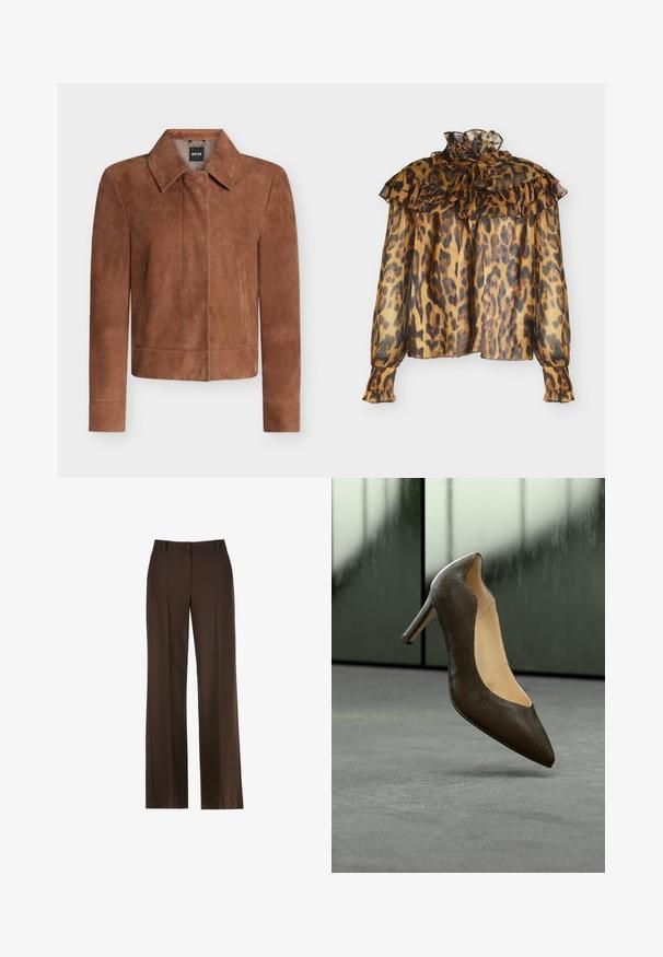 Chaqueta de ante marrón con cuello puntiagudo, mangas largas, cremallera oculta en la parte delantera y bolsillos laterales, mostrada sobre un fondo blanco.; Blusa de estampado de leopardo en tela transparente, con cuello y mangas con volantes, detalles fruncidos y un corte holgado. Tonos marrones y negros.; Pantalones de pierna ancha marrones con una textura suave, que cuentan con un cierre de botón en la parte delantera, lazos para cinturón y detalles de pliegues en la parte frontal.; Zapato de tacón alto de cuero texturizado marrón oscuro con punta picuda, flotando sobre un suelo gris frente a paneles de vidrio esmerilado.