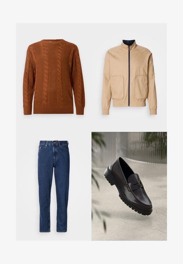 Veste beige légère avec un col haut, fermeture éclair à l'avant et deux grandes poches latérales. Dotée de poignets et d'un bas élastiques avec des accents navy.; Pull en tricot marron avec des manches longues, poignets, ourlet et encolure côtelés, présenté sur un fond clair.; Jean bleu foncé en denim, avec une coupe droite, style cinq poches et des coutures apparentes le long des coutures.; Mocassins en cuir marron avec une semelle en caoutchouc texturée et striée. Présente un design épuré et une sangle décorative sur le cou-de-pied.