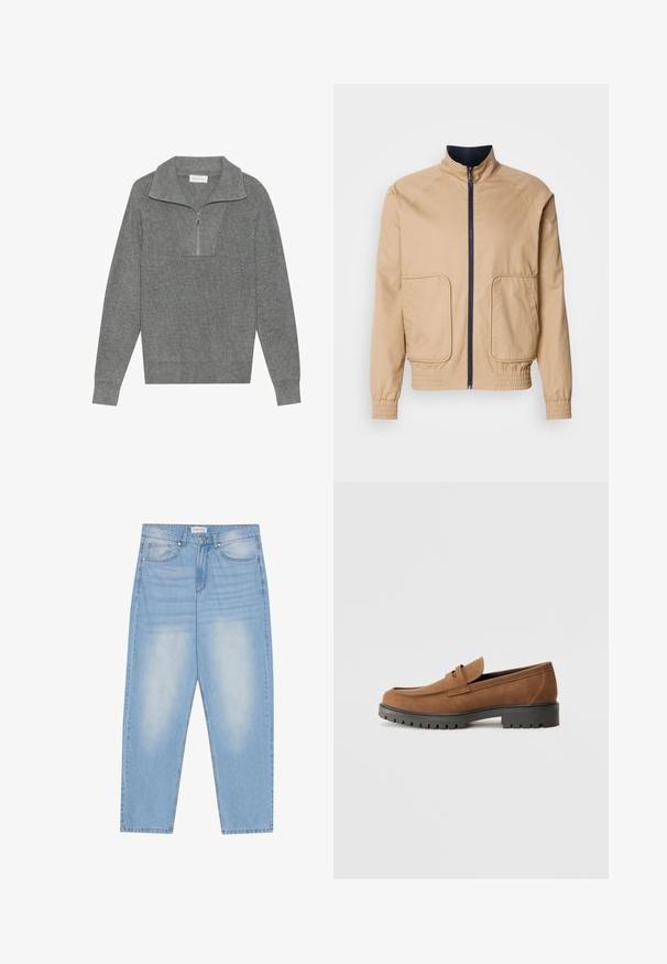 Beige letvægtsjakke med høj krave, frontlynlås og to store sidelommer. Har elastiske manchetter og bundkant med marineblå detaljer.; Grå ribbet sweater med lynlås på kvart-kraven, lange ærmer og struktureret strik. Ingen synlige logoer eller mønstre.; Lyseblå denimjeans med en afslappet pasform, der har fem lommer, subtil falming og syninger langs sømmene.; Brune Suede loafers med en rund tå og en lav sort gummisål, der har et dekorativt bånd og syninger på overdelen.