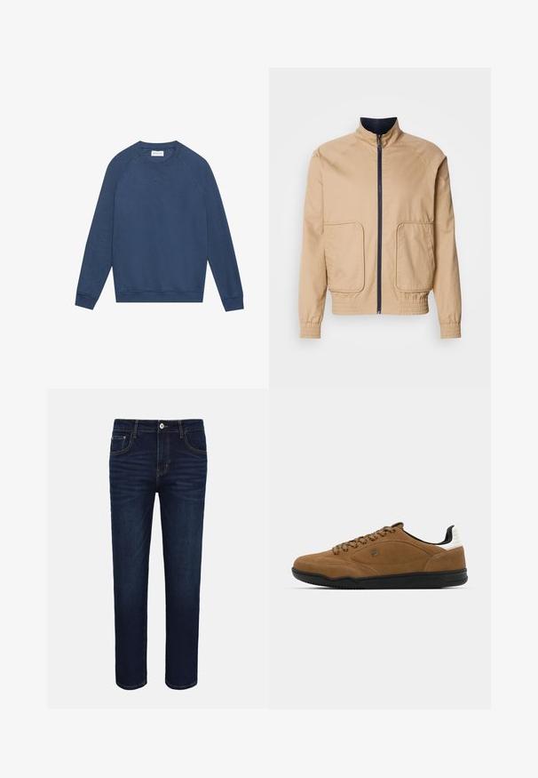 Beige leichte Jacke mit hohem Kragen, Frontreißverschluss und zwei großen Seitentaschen. Mit elastischen Bündchen und Saum sowie navyfarbigen Akzenten.; Langärmliges, blaues Crewneck-Sweatshirt mit Raglanärmeln, gerippten Bündchen und Saum sowie einem kleinen gestickten "X"-Detail unterhalb des Kragens.; Dunkelblaue Denim-Jeans mit Vordertaschen, Knopfverschluss und dezenten verblassten Details an den Oberschenkeln vor weißem Hintergrund.; Braune Wildleder-Sneaker mit schwarzer Gummisohle, Schnürung vorne und weißen Akzenten an der Ferse. Glatte Textur mit genähten Details.