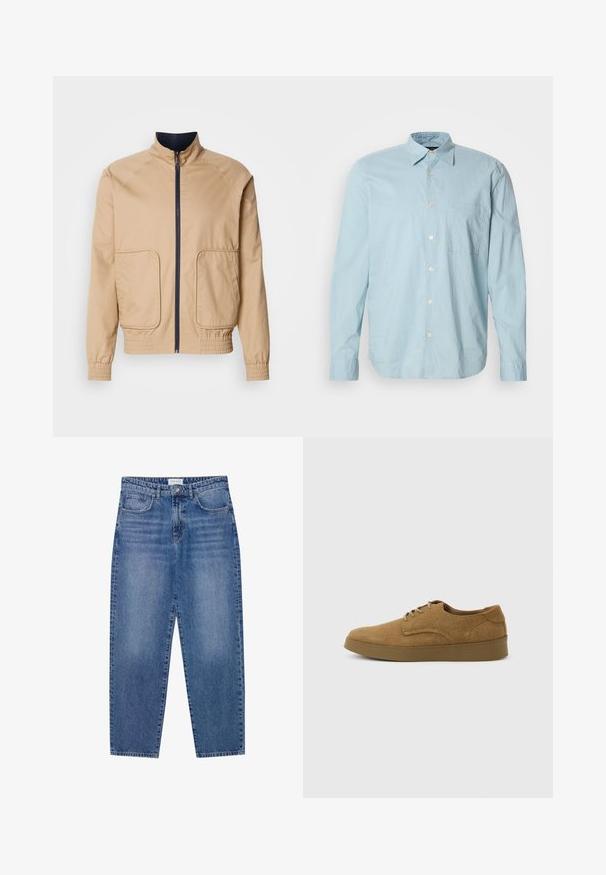 Beige lichtgewicht jack met een hoge kraag, voorrits en twee grote zijzakken. Beschikt over elastische manchetten en een elastische onderrand met marineblauwe accenten.; Lichtblauwe geruite overhemd met lange mouwen, met een button-down kraag, borstzak en witte knopen. Gemaakt van een gladde stof.; Blauwe denim jeans met een hoge taille, rechte pijpen en een vervaagde afwerking. Beschikt over vijf zakken en een knoopsluiting.; Bruine suède veterschoen voor vrijetijdskleding met een platte rubberen zool, zijaanzicht tegen een eenvoudige lichte achtergrond.